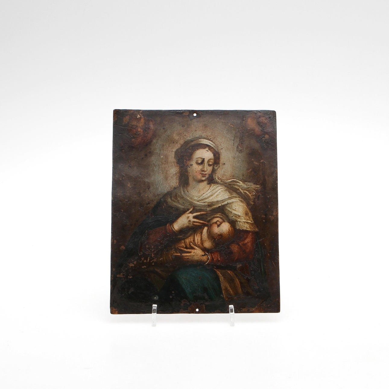 SPANSK KOLONIAL SKOLA 1700-TAL. Olja på kopparplåt. Madonnan och Jesusbarnet.