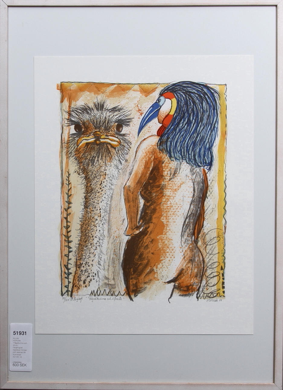 ALLAN HORSAK. "Fågelkvinna och struts". Färglitografi. Signerad Horsak och daterad 99. Numrerad 42/120.