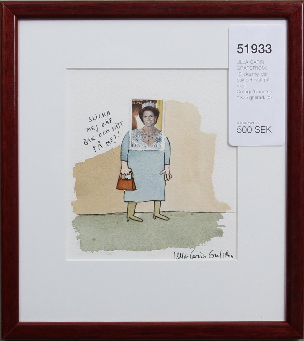 ULLA-CARIN GRAFSTRÖM. "Slicka mej där bak och sätt på mig!". Collage/blandteknik. Signerad.