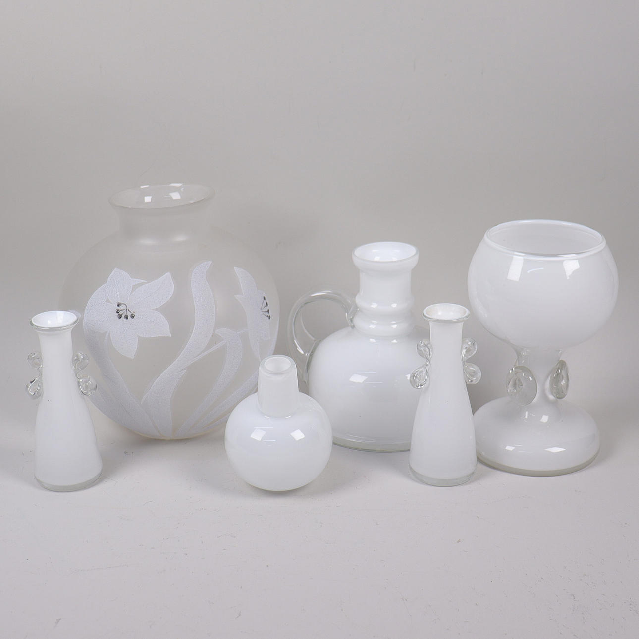 VASES, white glass, 6 pcs.