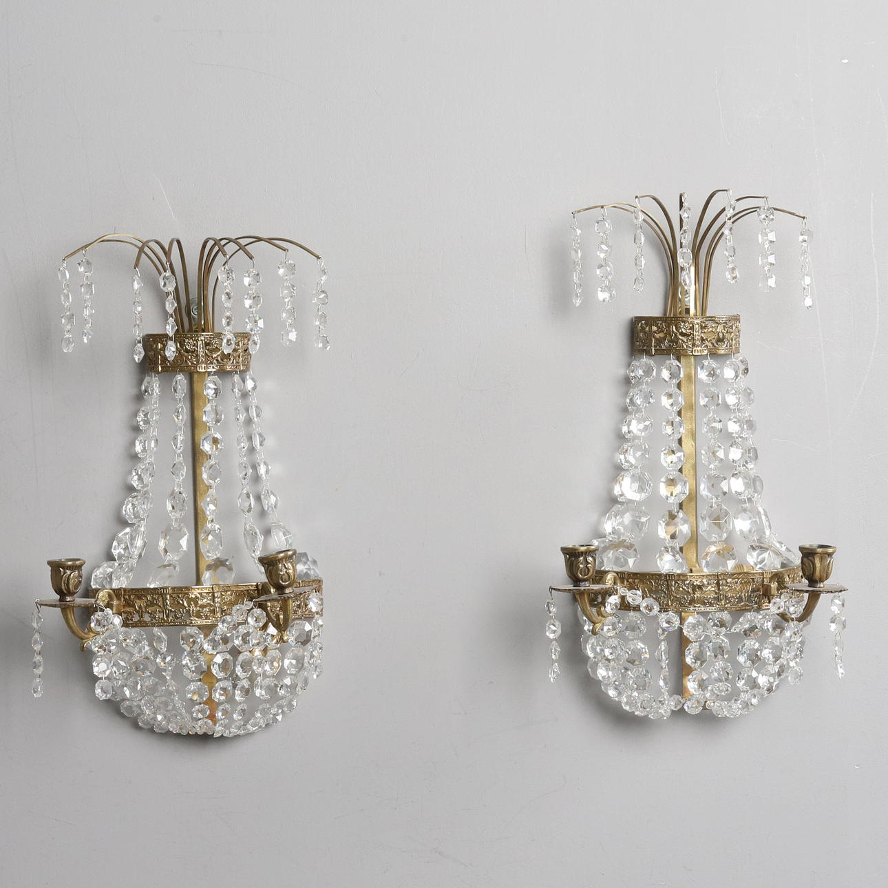 WALL SCONCES, 2 pcs, brass, glass prisms.