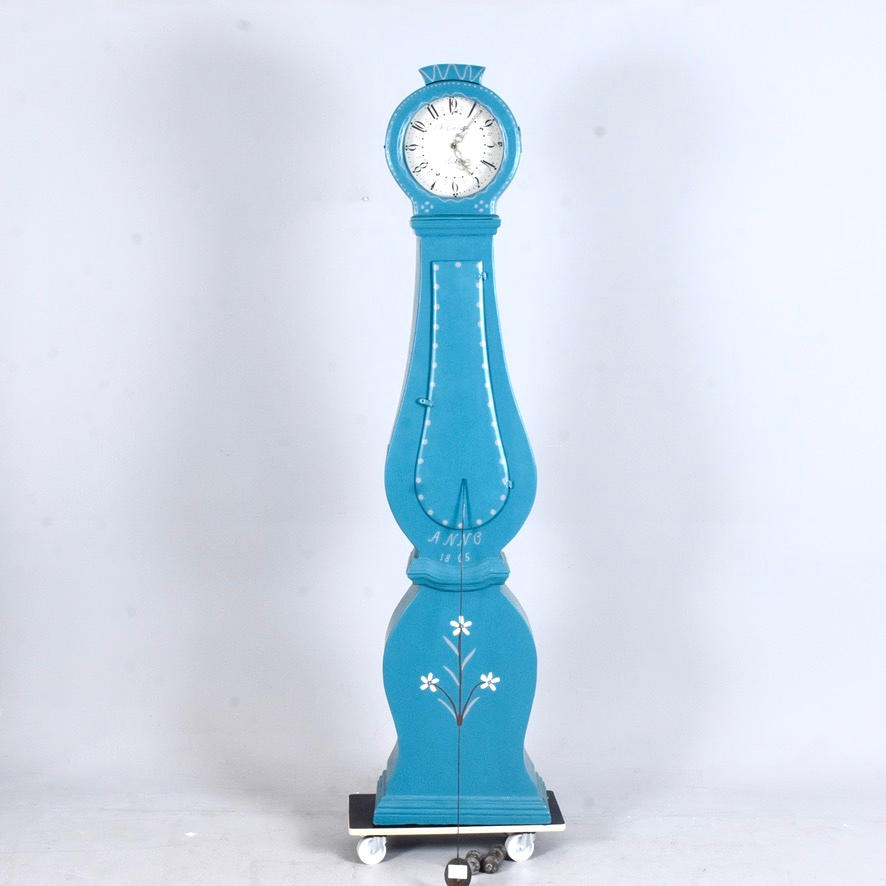 LONGCASE CLOCK, painted wood, dated 1865.