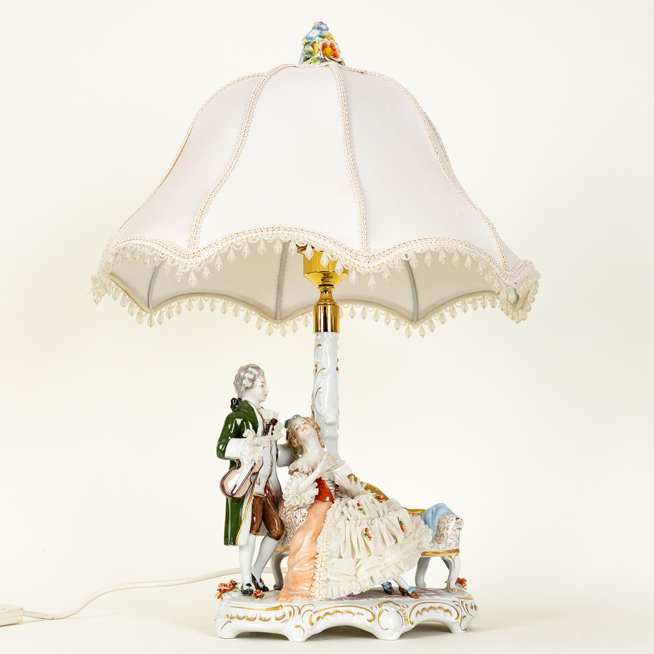Table lamp with gallant figure group in Rococo style, Unterweissbach, Thuringia, 1958-1976.