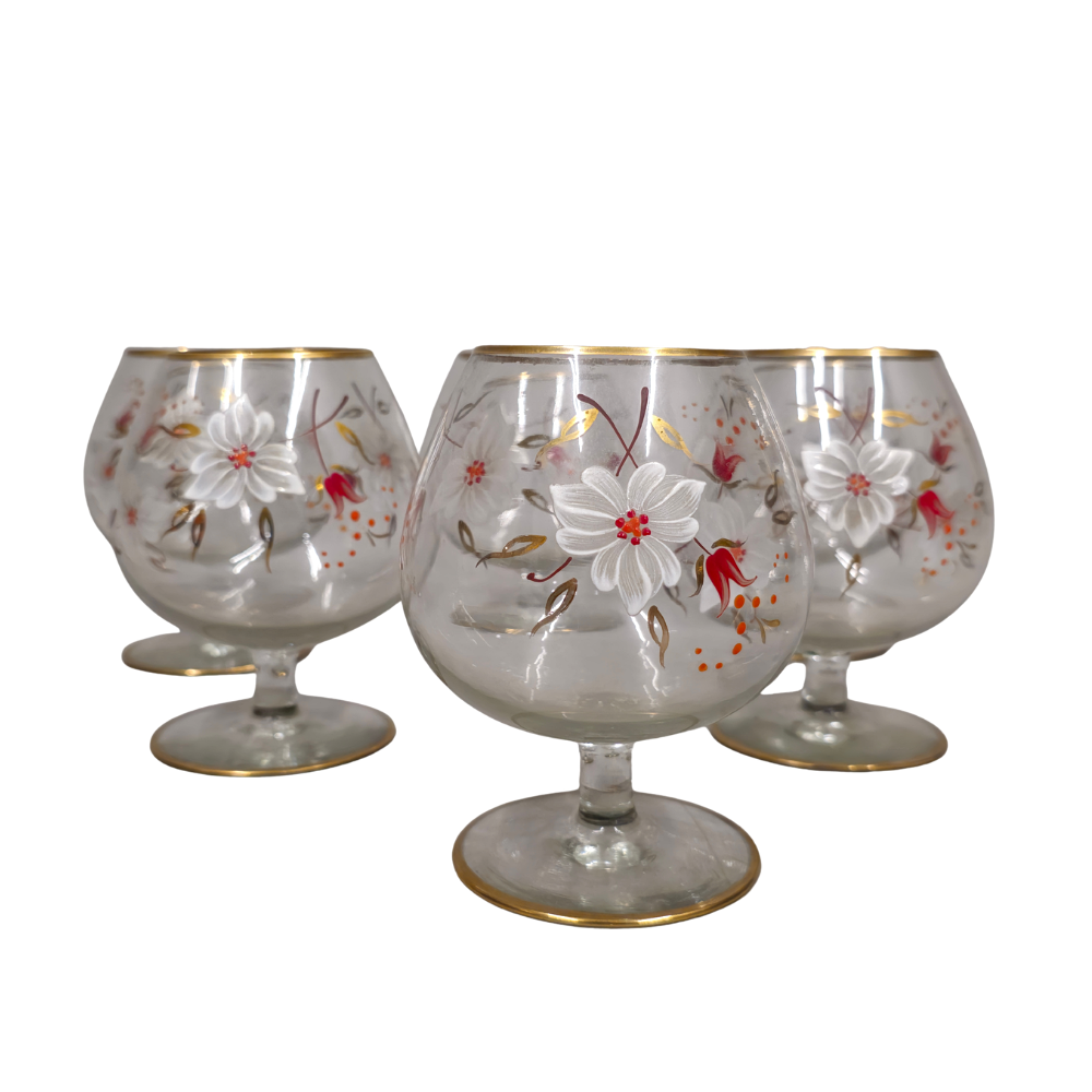 6 hand-decorated cognac glasses.