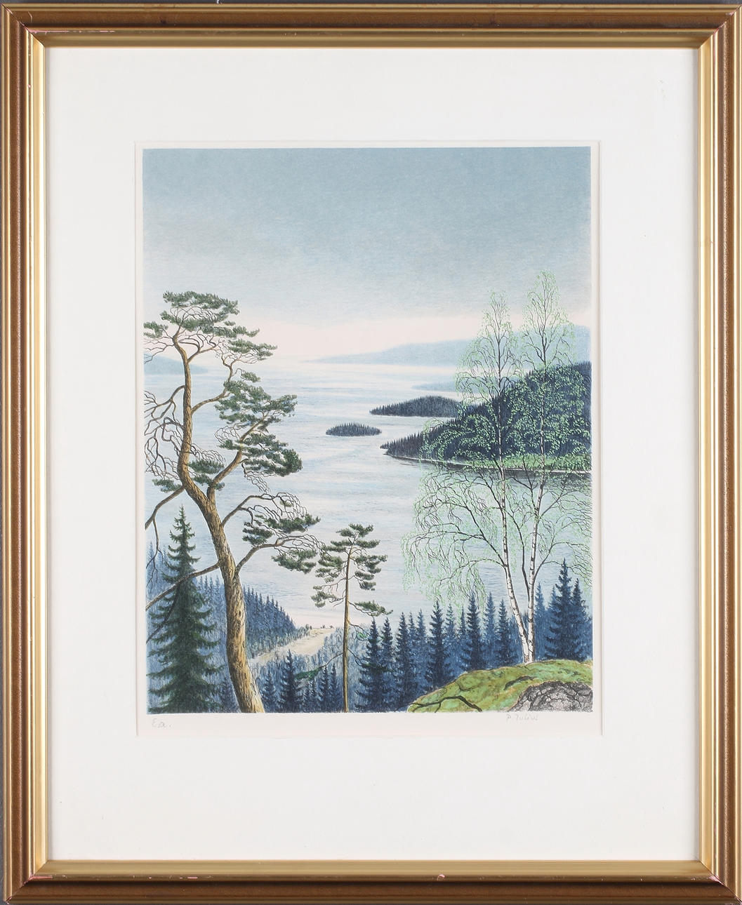 PER JULIUS. Kustvy med björk, färglitografi, signerad och märkt E.A.