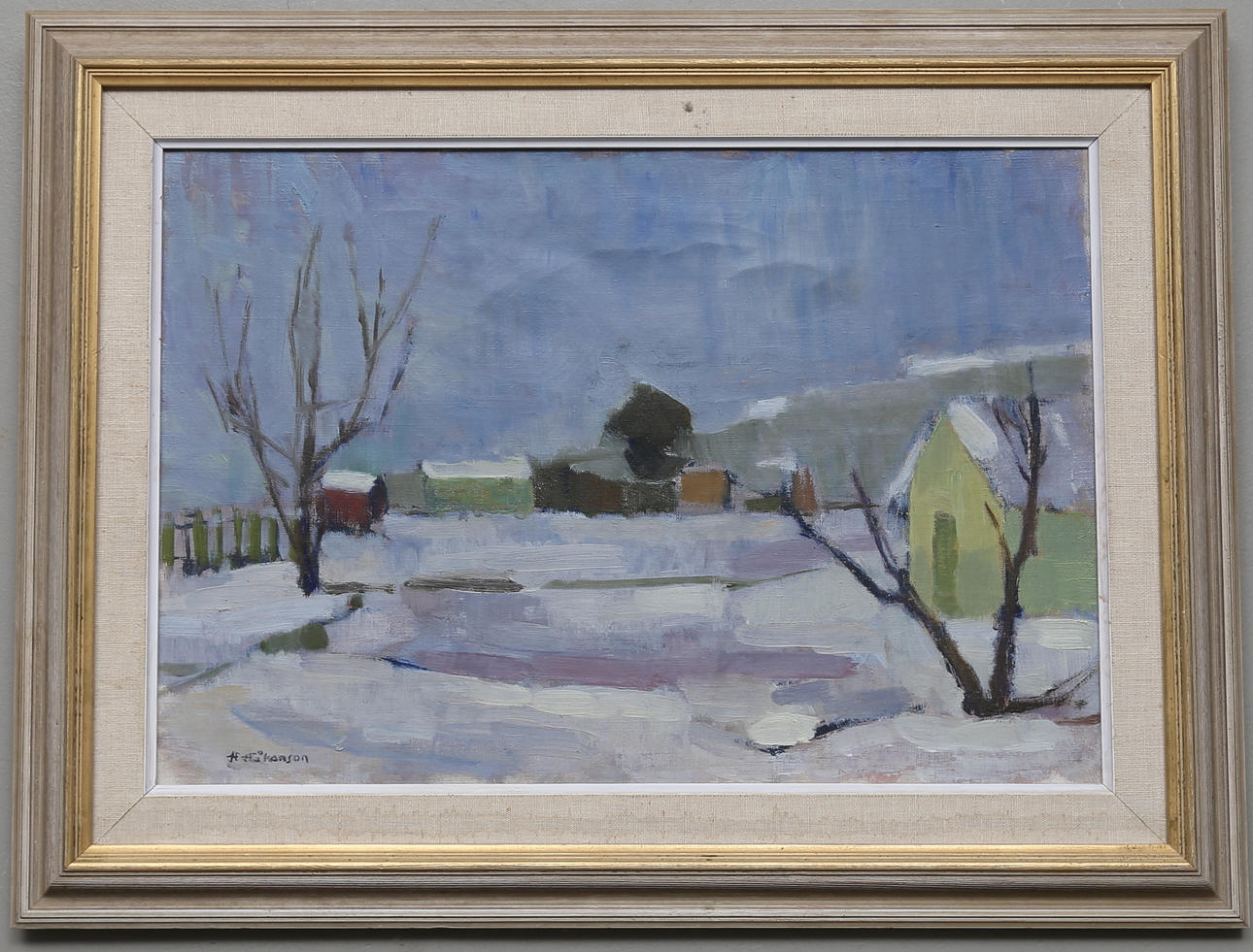HELGE HÅKANSON. "Vinter i Kollerö området". Olja på duk, signerad.