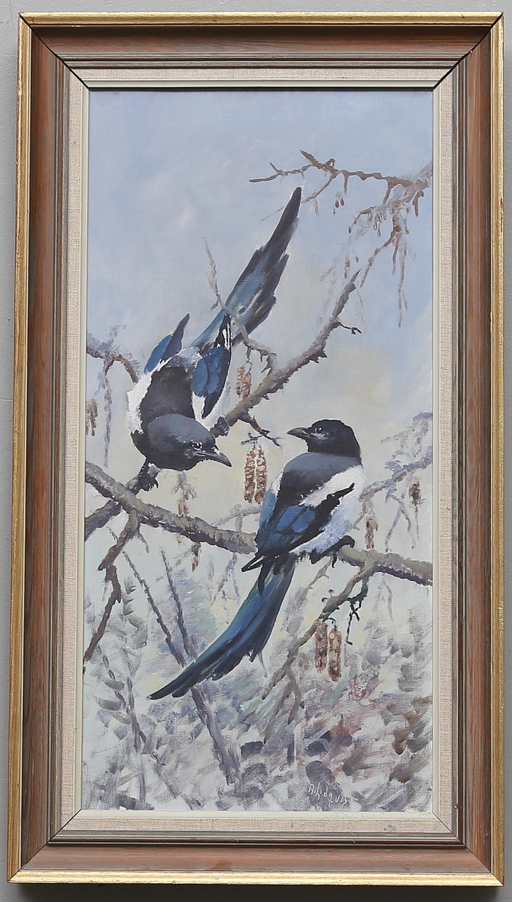 ARNE LIDQVIST. "Skator om våren". Olja på duk, signerad.