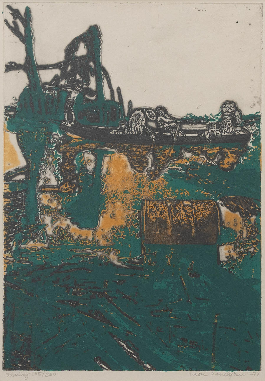 HASSE HASSELGREN. Composition, color etching, signed and dated -74.