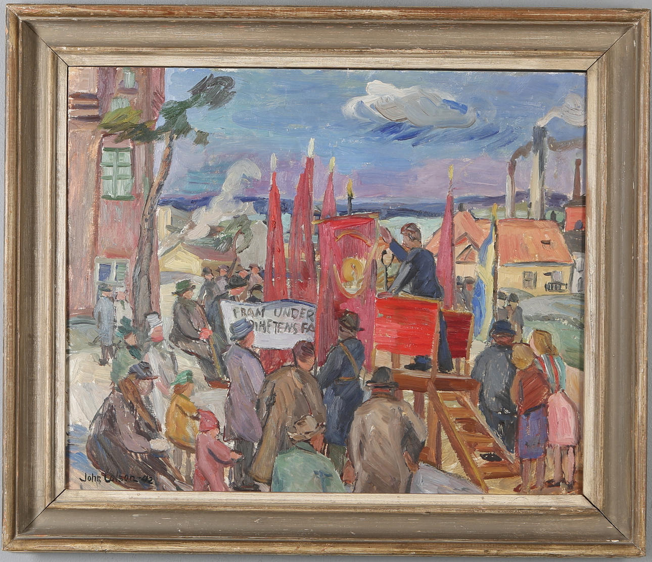 JOHN CARLSON. 1:a Maj i Tornparken, Sundbyberg, olja på pannå, signerad samt daterad -42.