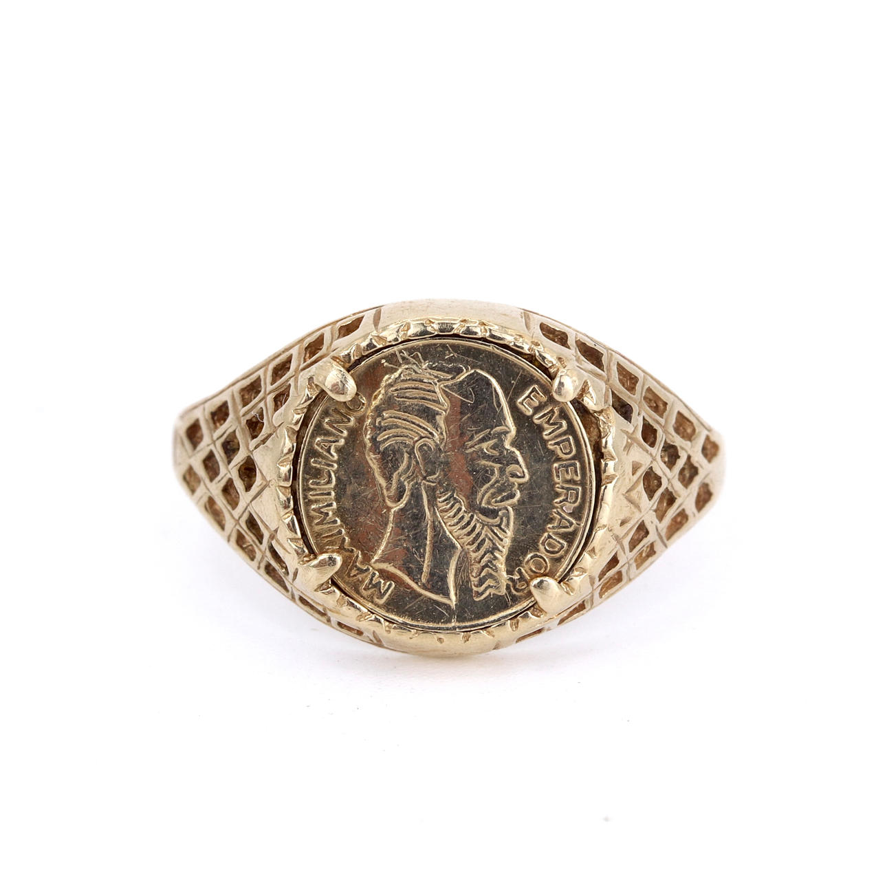 9CT GOLD MEXICAN COIN SET RING.