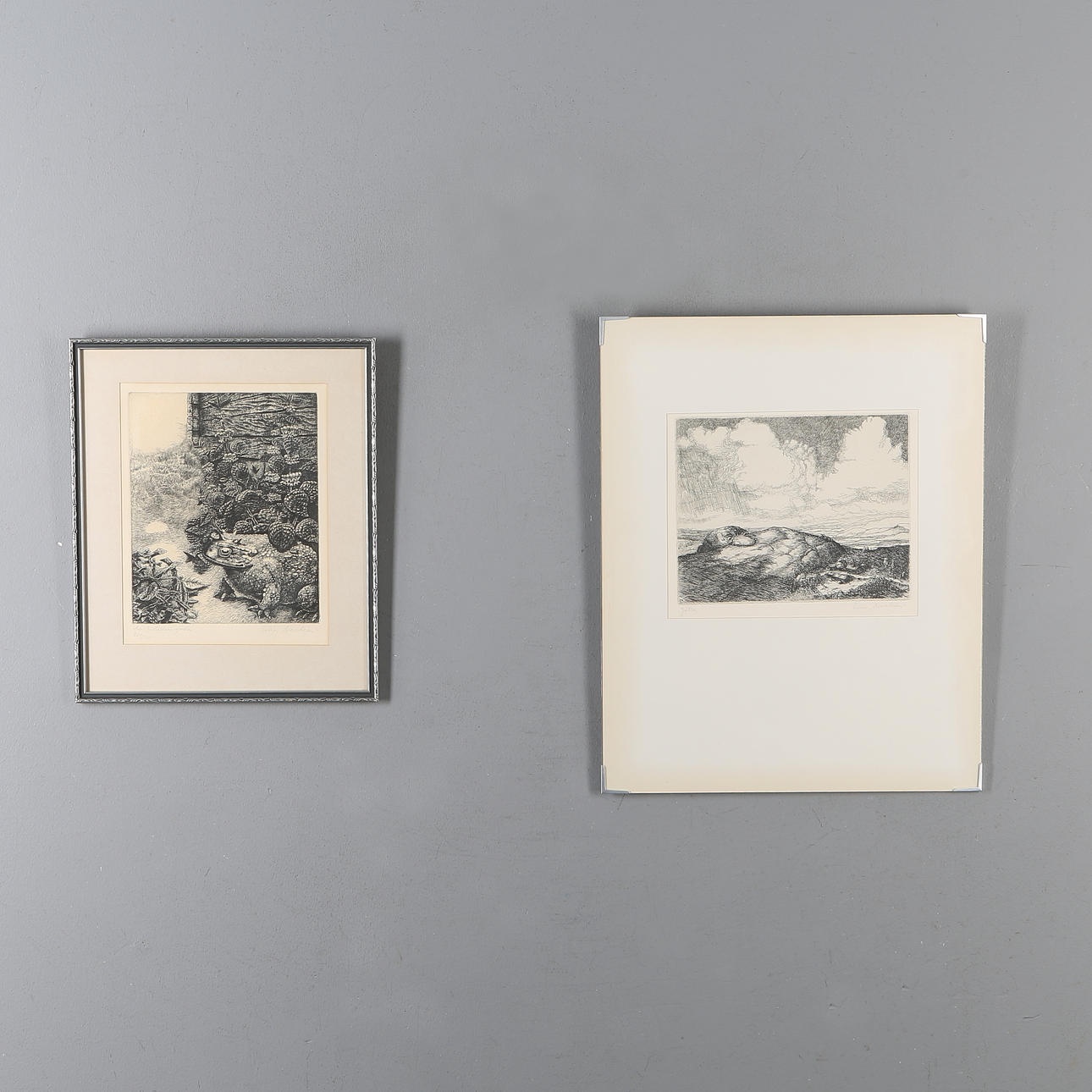 EINAR NORELIUS. 2 st, "Den förtrollade grodan" och "Jätten", etsningar, signerade.