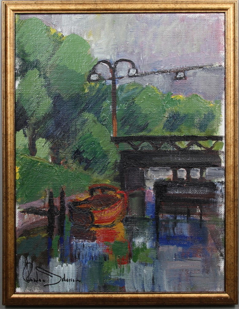 RUSTAN JOHANSSON. Träbåt och bro, troligen motiv från Göteborg. Olja på duk. Signerad.