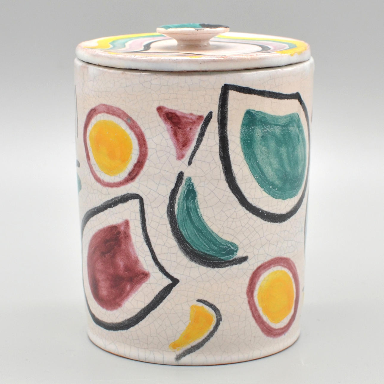 LIDDED JAR, UNKNOWN MAKER'S MARK, CERAMIC, GLAZED INSIDE AND OUT, HANDMADE, CIRCA 1970S.