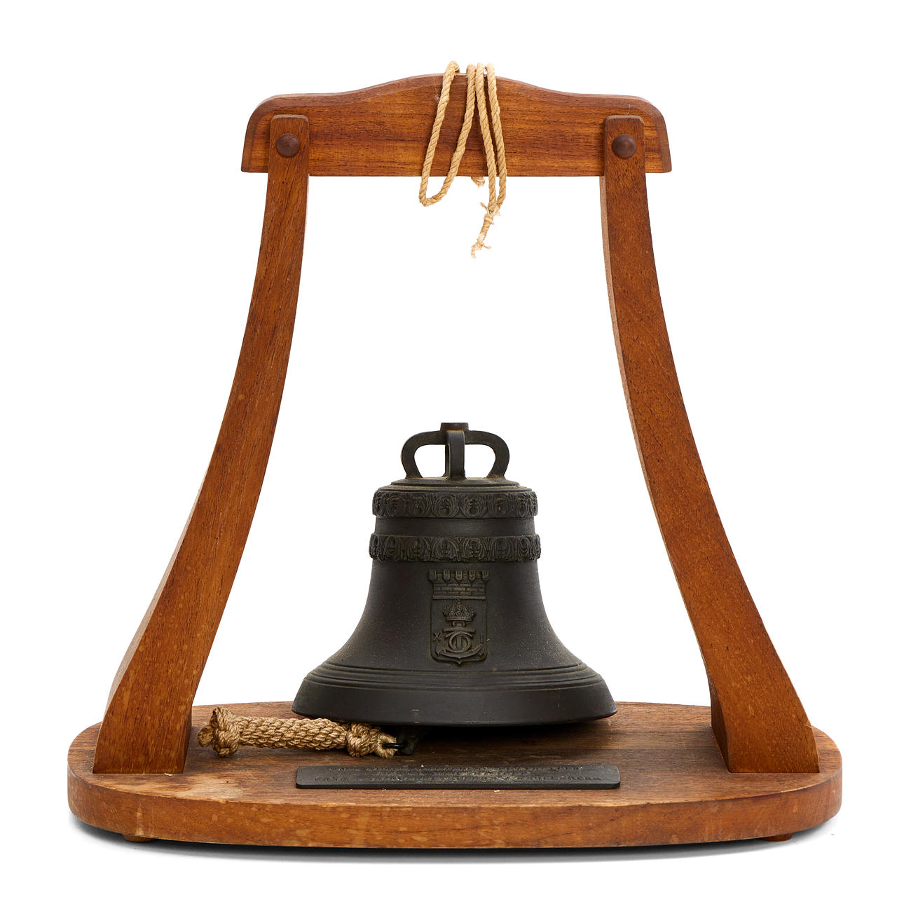 SHIP'S BELL, teak stand, plaque marked, 1950s.