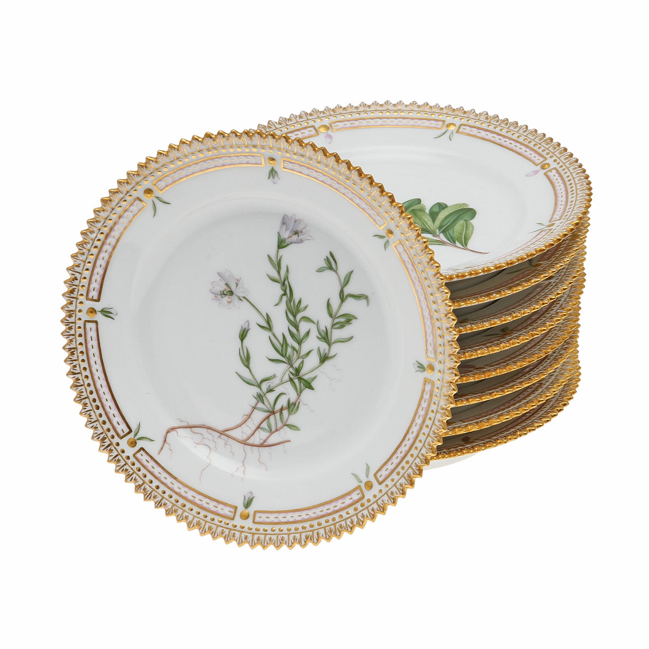 TALLRIKAR, nio stycken, "Flora Danica", Den Kongelige Porcelainsfabrik, Danmark.