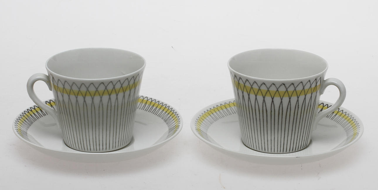 TEKOPPAR MED FAT, 6 st, porslin, "Spinett" Upsala-Ekeby Gefle.