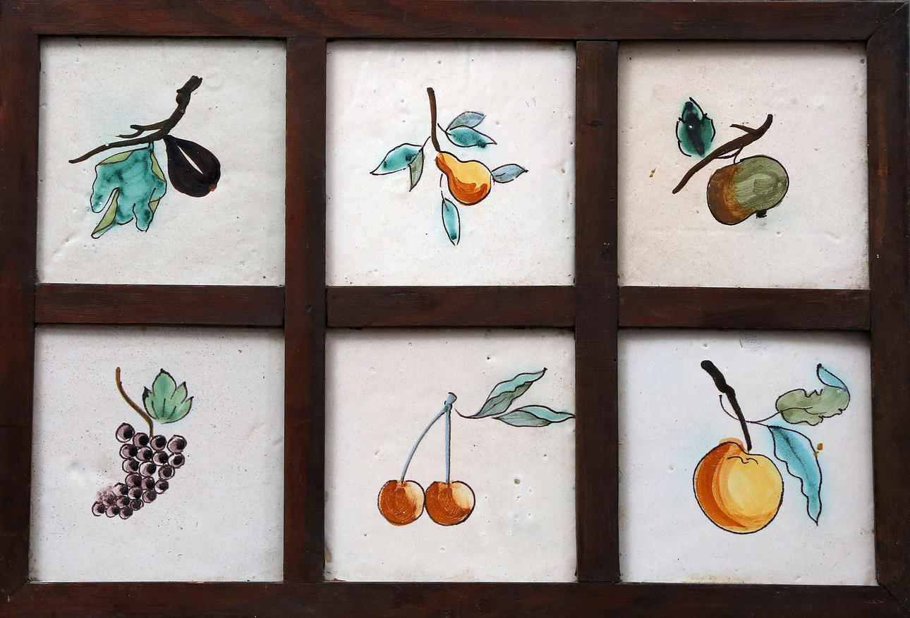 Panel with six Catalan fruit-decorated tiles, 19th Century.