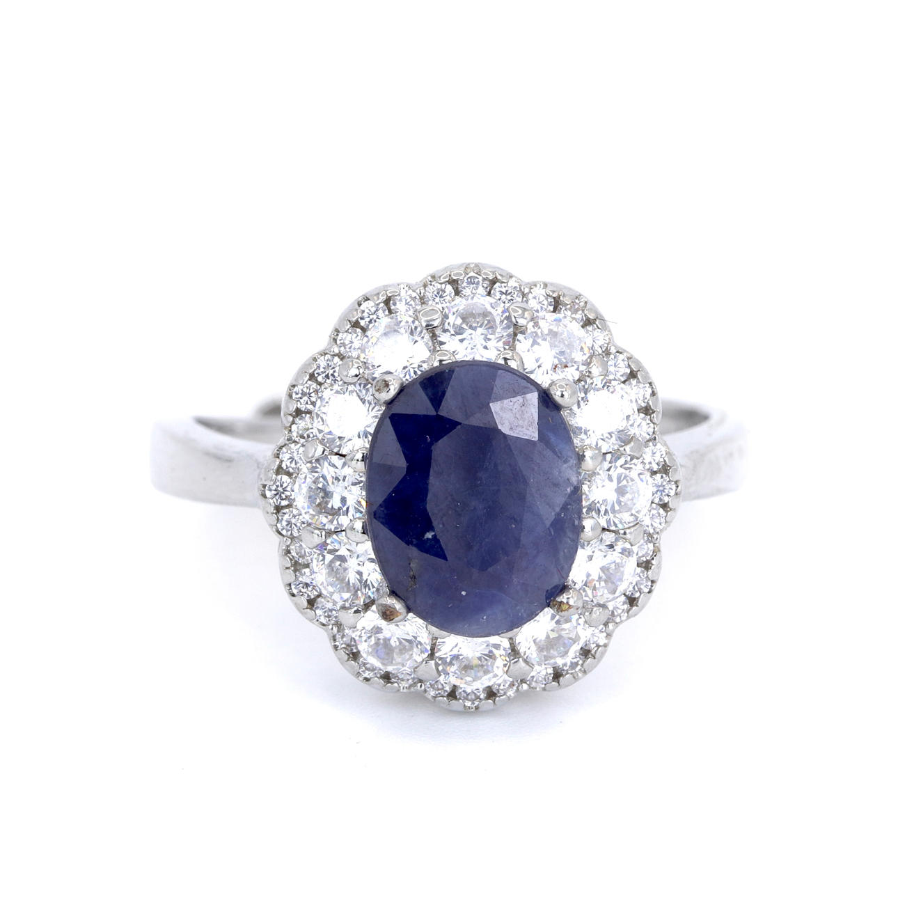 SILVER PLATE SAPPHIRE & CUBIC ZIRCONIA SET RING.