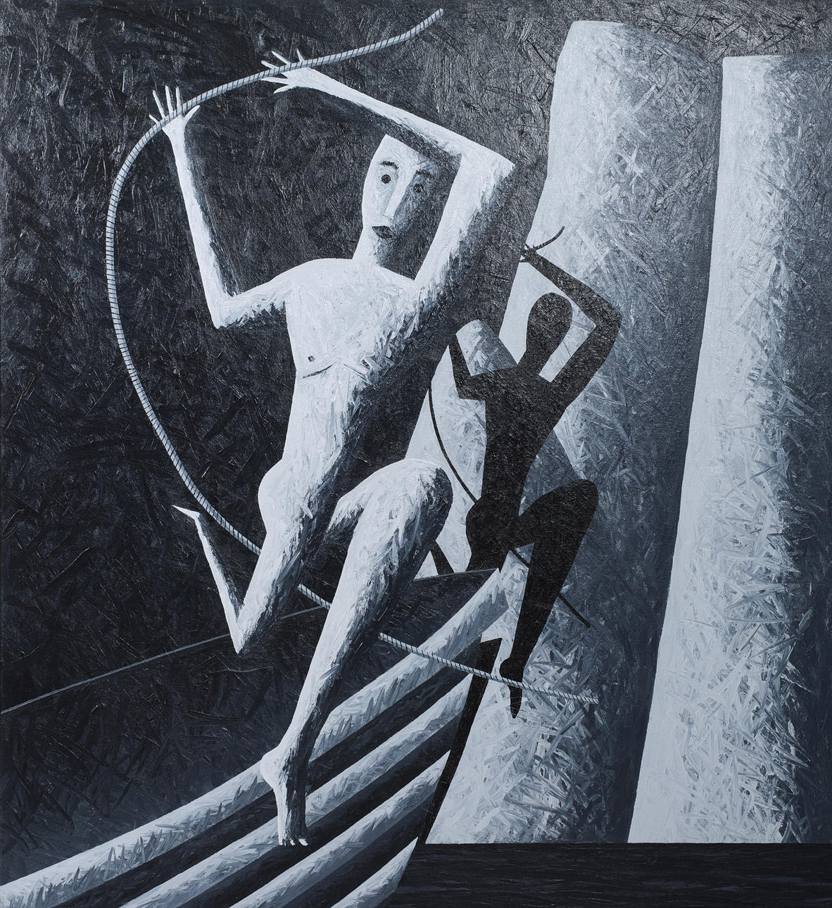 RUSS WARREN. "Jumping Ship", oil on canvas, signed and dated 2/82.