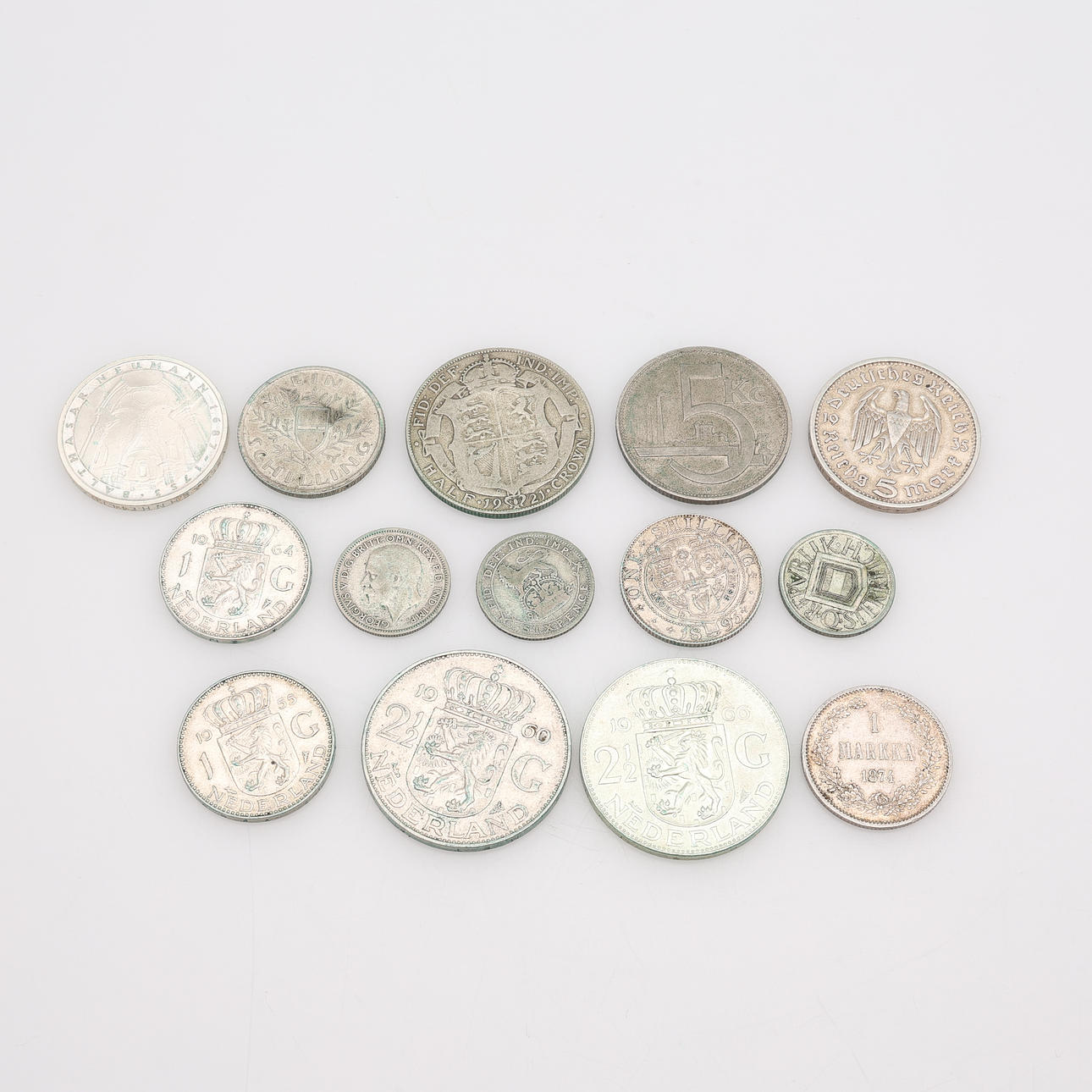 COINS, 14 PIECES, SILVER, INCLUDING THE NETHERLANDS.