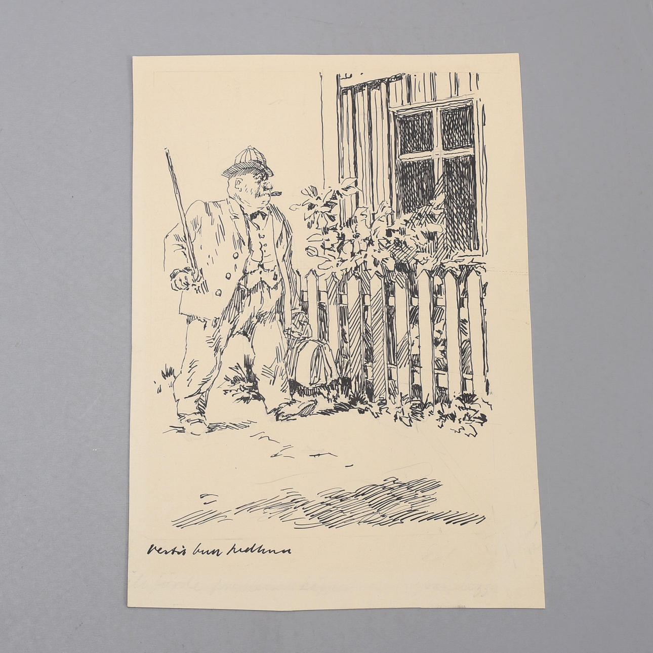 BERTIL BULL HEDLUND. Man with walking stick. Ink drawing, signed.