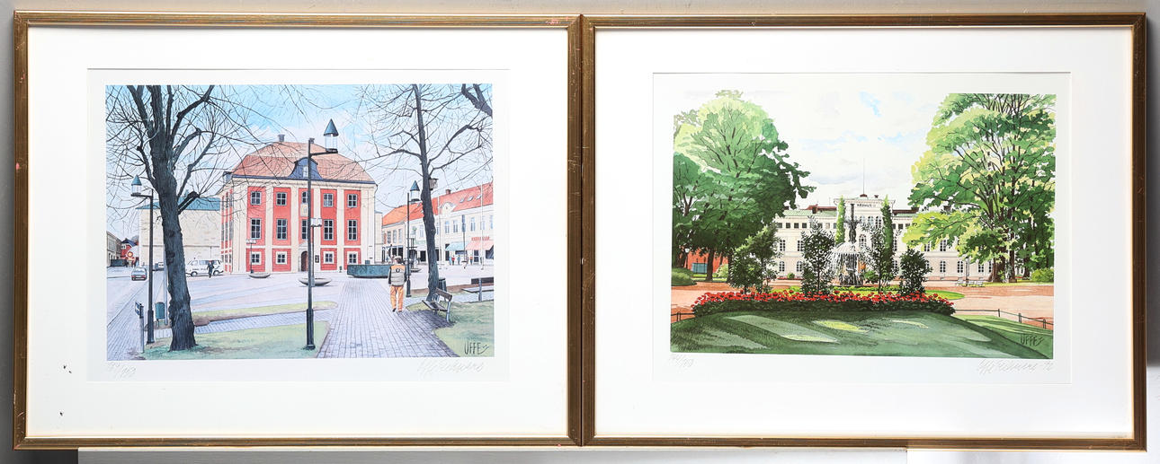 UFFE TECKNARE. 2 lithographs, Jönköping motifs, numbered, signed.