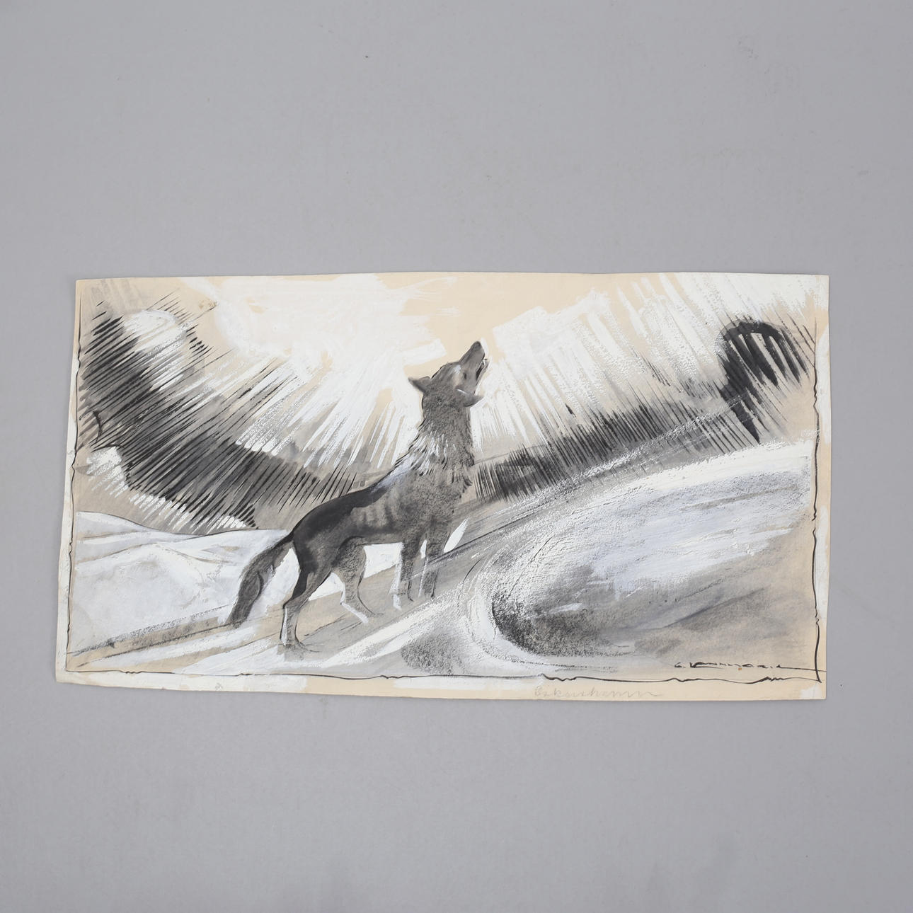 OIDENTIFIERAD KONSTNÄR. Howling wolf. Watercolour on cardboard, indistinctly signed.