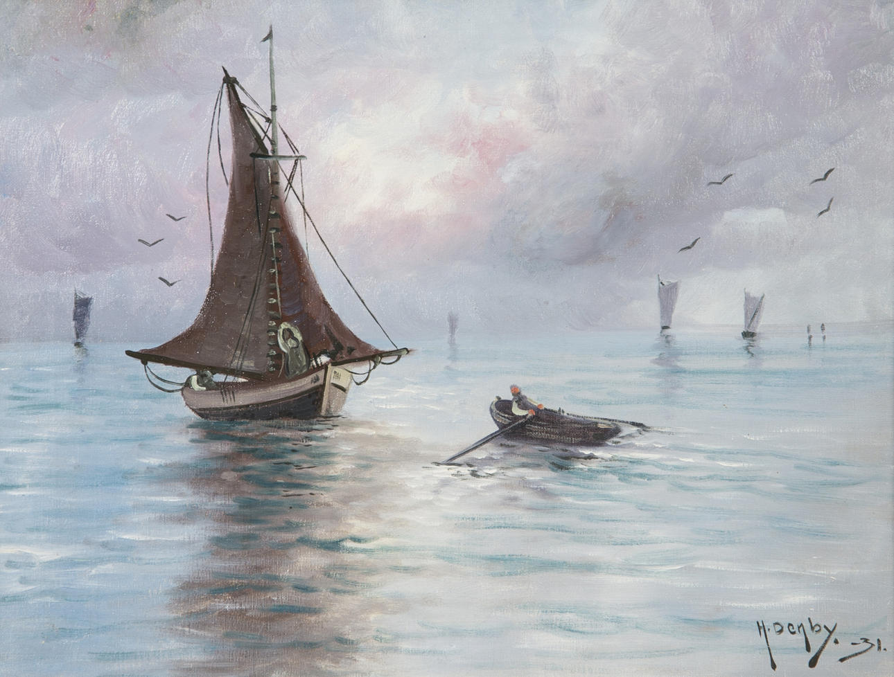 OIDENTIFIERAD KONSTNÄR. "Himlen bådar storm", olja på duk, signerad H. Denby, -31.