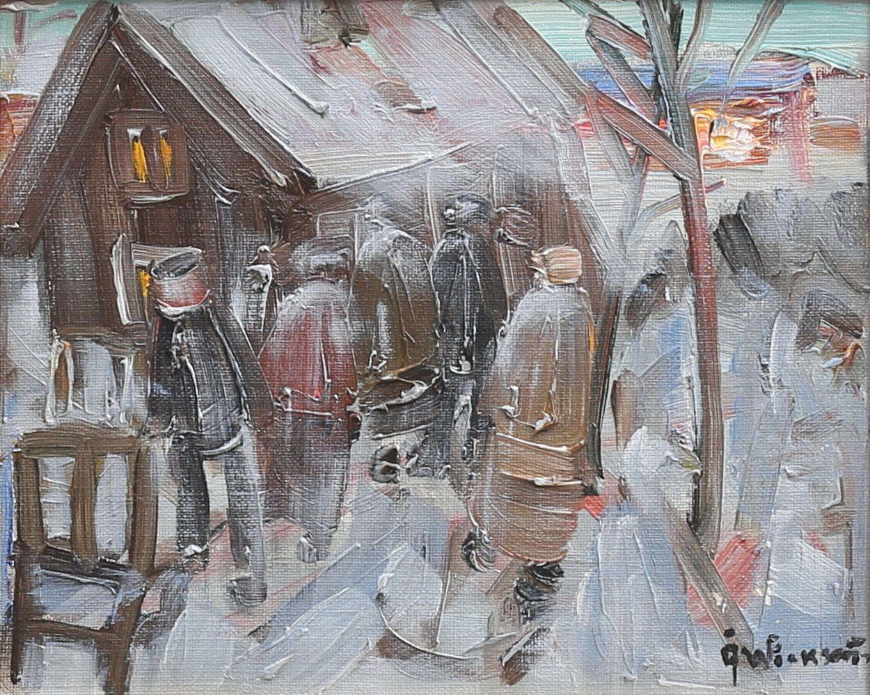 ÅKE WICKSTRÖM. Människor på gård. Olja på duk, signerad.