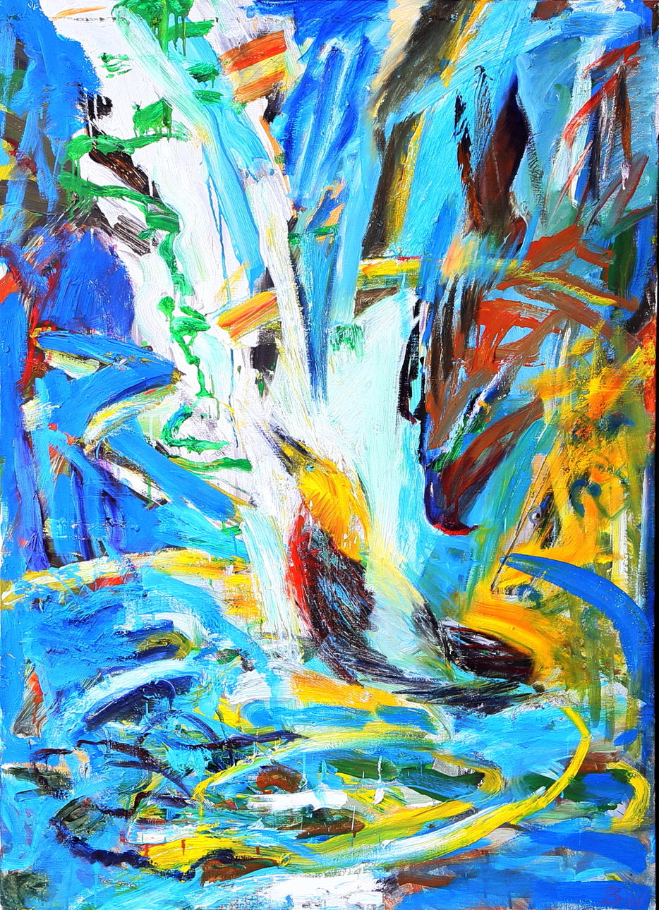 BJÖRN WESSMAN. Vattenfall med djur, olja på duk, signerad.