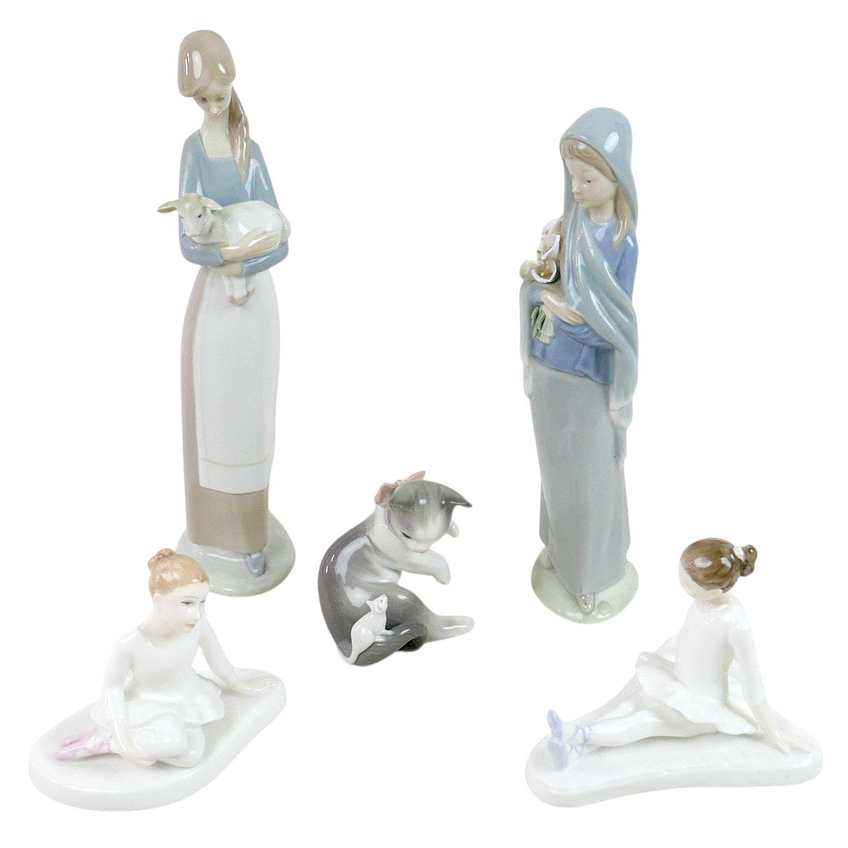 FIVE ROYAL DOULTON AND LLADRO FIGURINES.