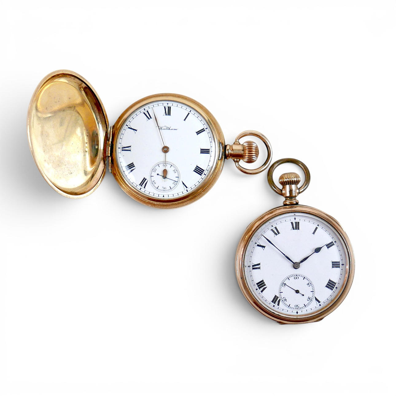 TWO GOLD PLATED POCKET WATCHES.