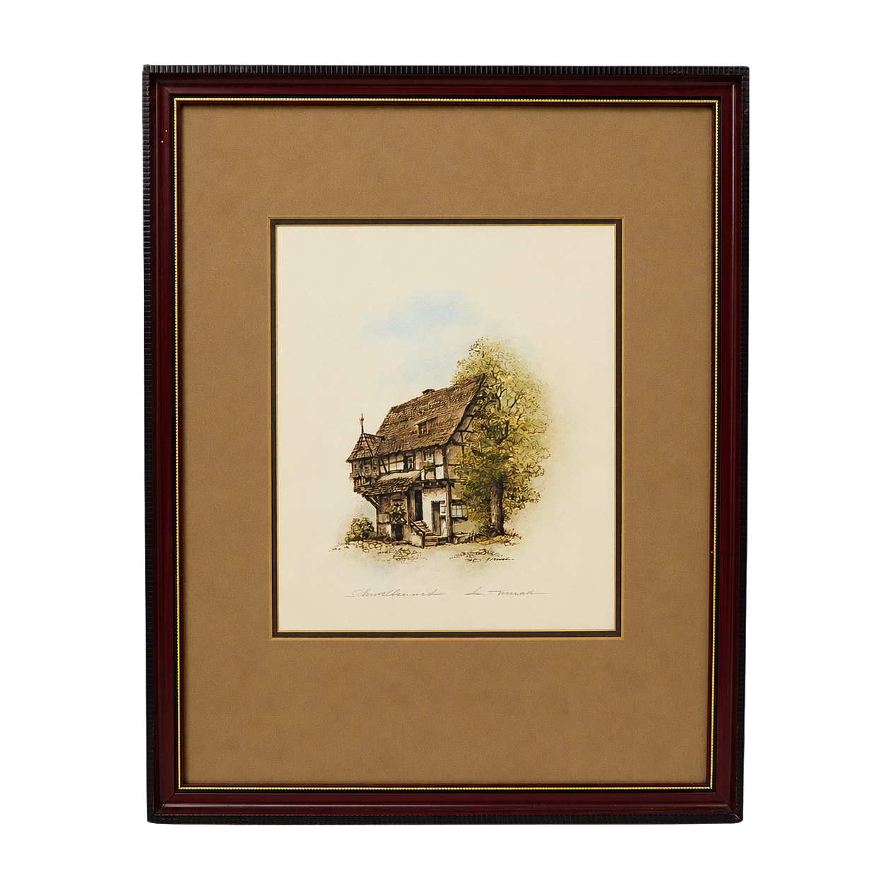 FRAMED COLOUR ETCHING – MOTIF "SCHWALBENNEST", SIGNED.