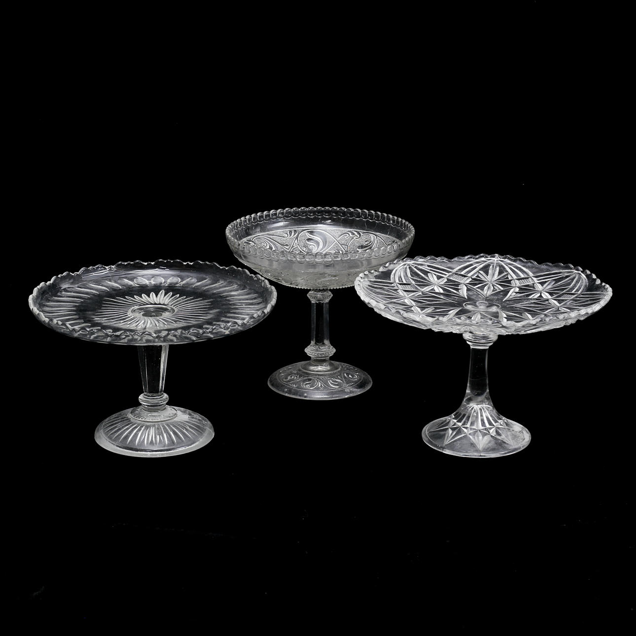 DISHES on foot, 3 pcs, pressed glass.