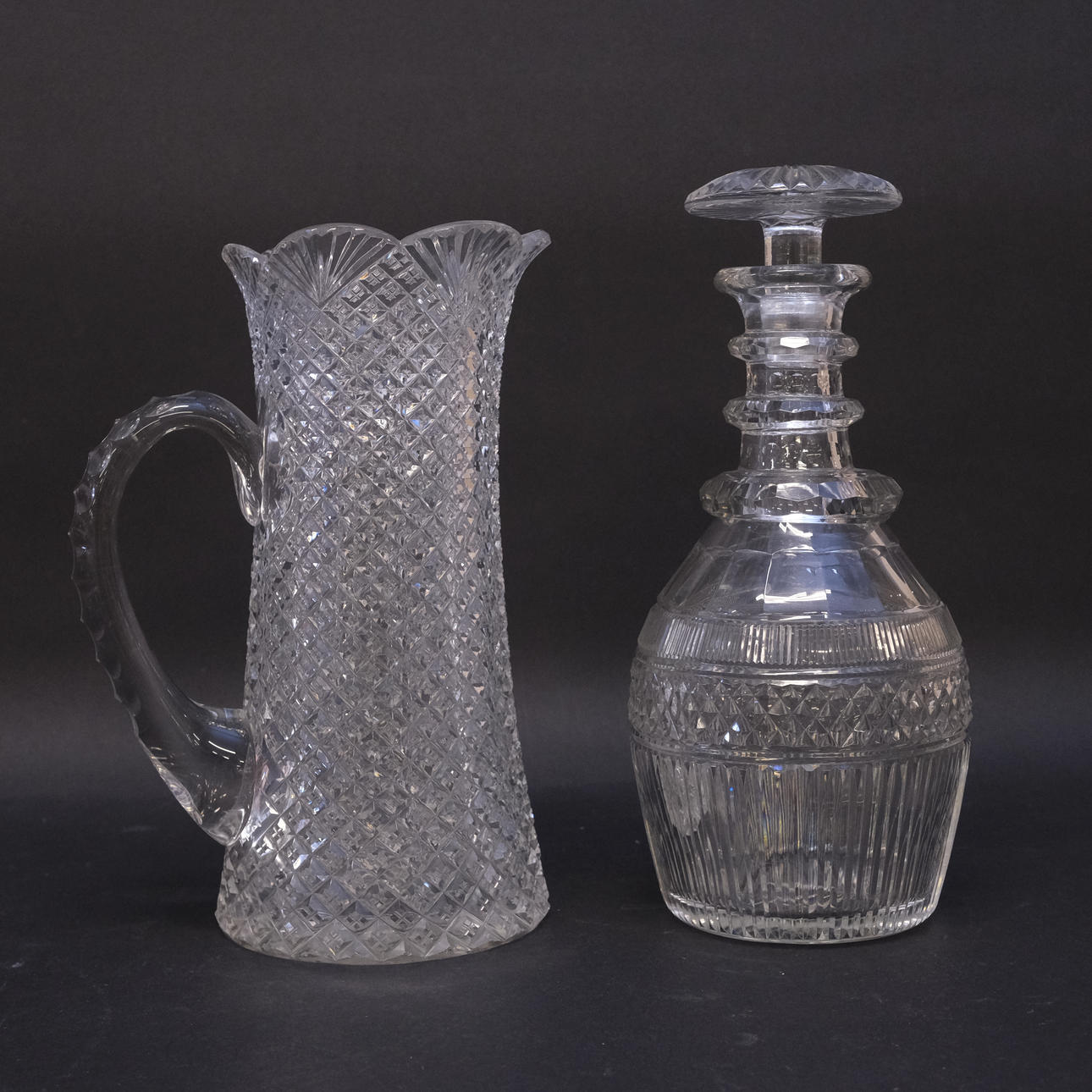 VASE AND DECANTER, CRYSTAL, CIRCA 1900.