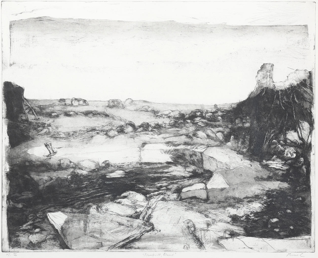 RUNE CLAESSON. Etching, "Stenbrott, Öland", signed Rune C, artist's proof.