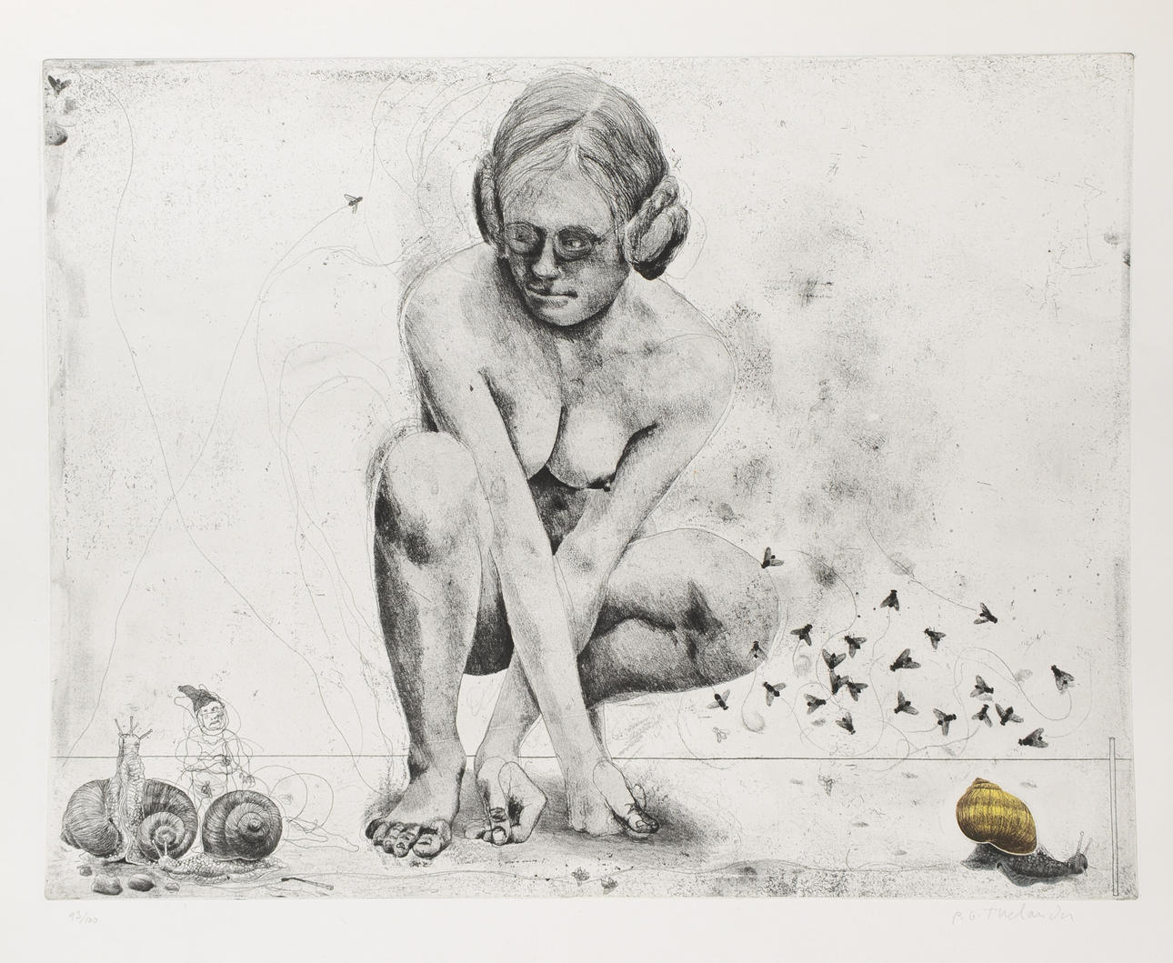 PER GUNNAR THELANDER. Crouching woman, etching, signed and numbered.