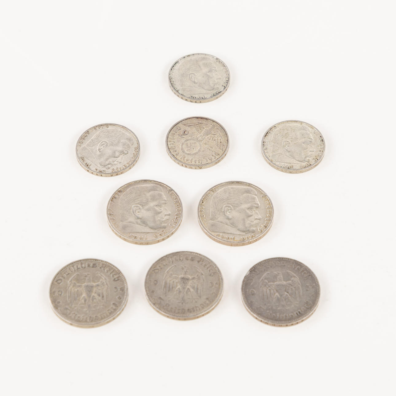 GERMAN SILVER COINS. 9 pcs, 1930s.