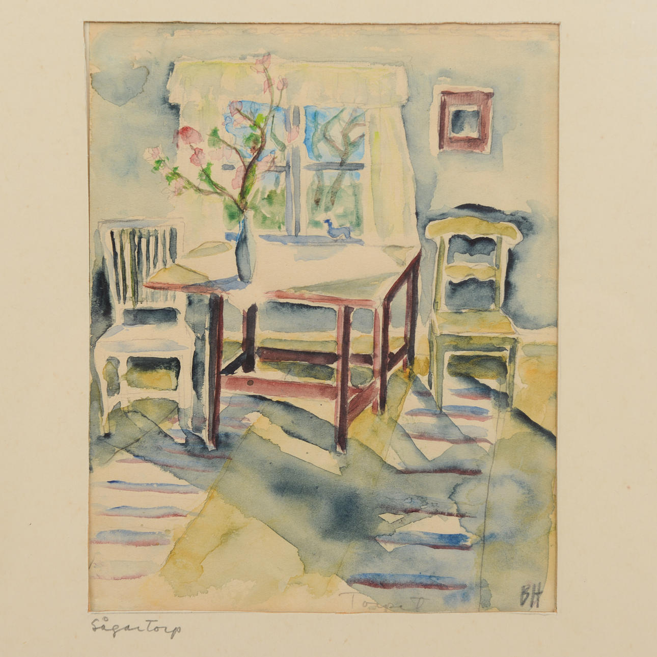 BERTA  HANSSON. Interior, watercolour, monogram signed.