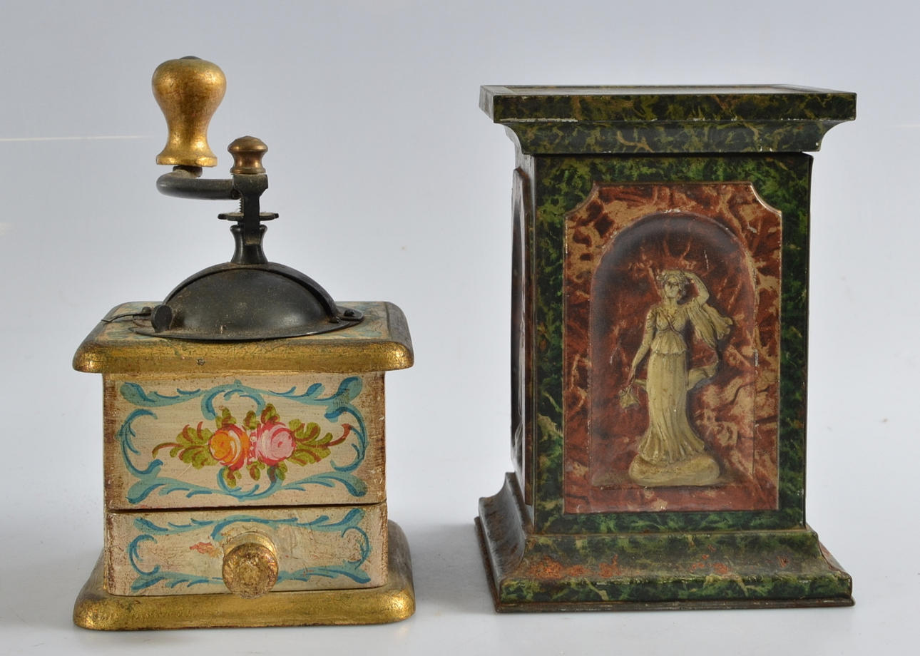 PLÅTBURK SAMT KAFFEKVARN, 1800-tal.