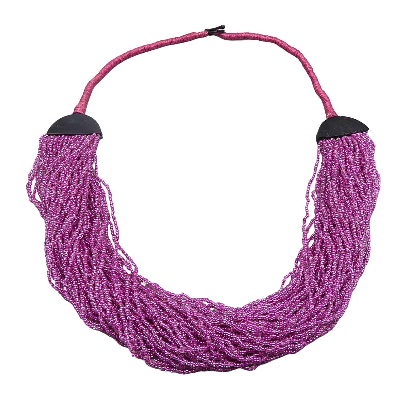 MULTI-STRAND PINK BEAD NECKLACE WITH BLACK END CAPS.