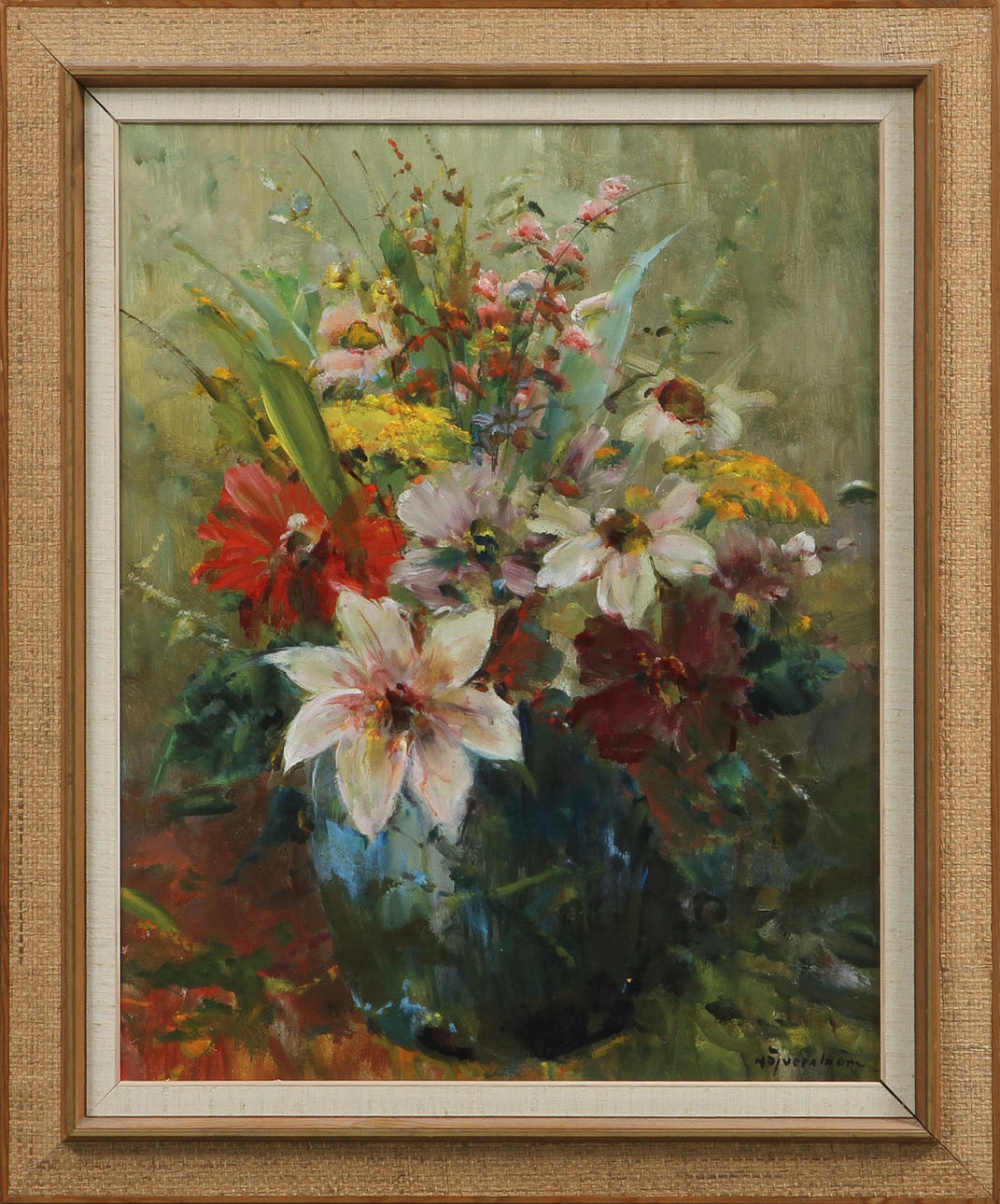 HUGO ÖFVERSTRÖM. Blommor i kruka, olja på duk, signerad.