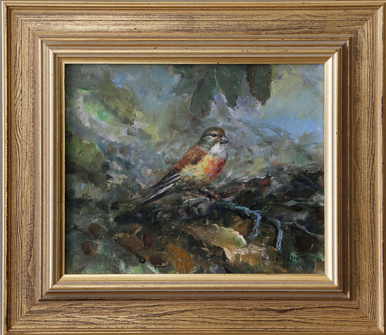 OIDENTIFIERAD KONSTNÄR. Hämpling, olja på duk, signerad G Bergström.