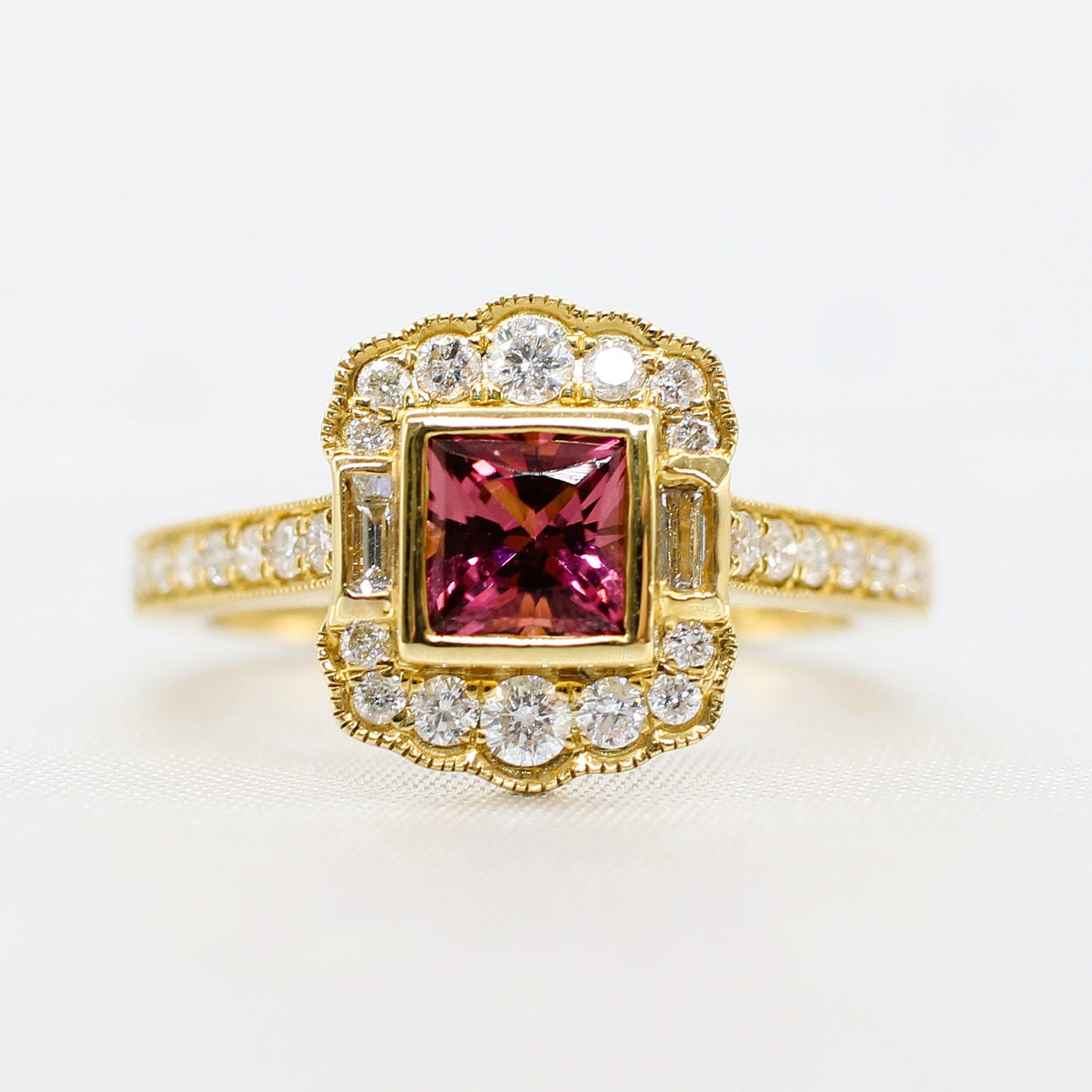 ART DECO STYLE PINK TOPAZ & DIAMOND RING.