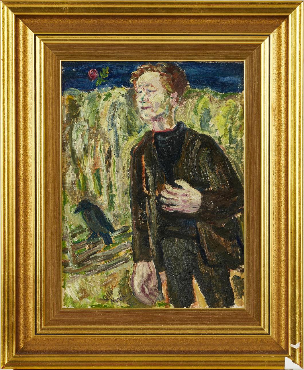 OLLE NORDBERG (1905-1986), Pojken, rosen och kråkan, signerad och daterad 58, olja på pannå
