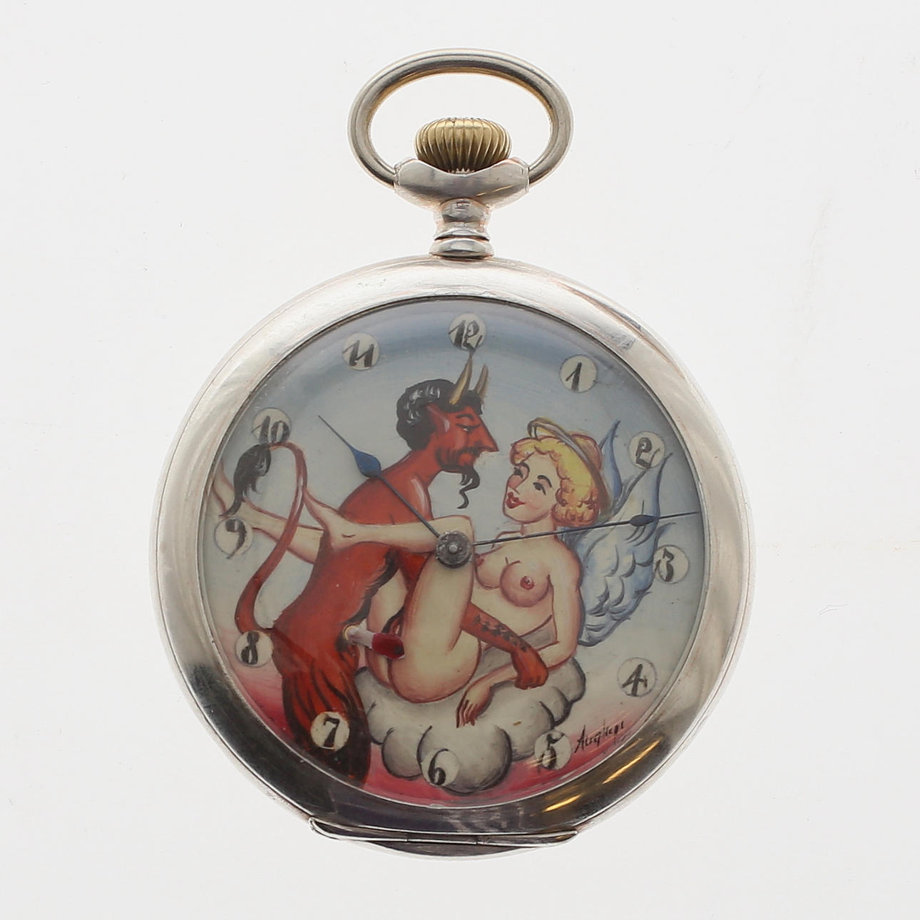 FICKUR, silver, motiv med rörlig erotisk scen utav djävul och ängel, 1900-tal.