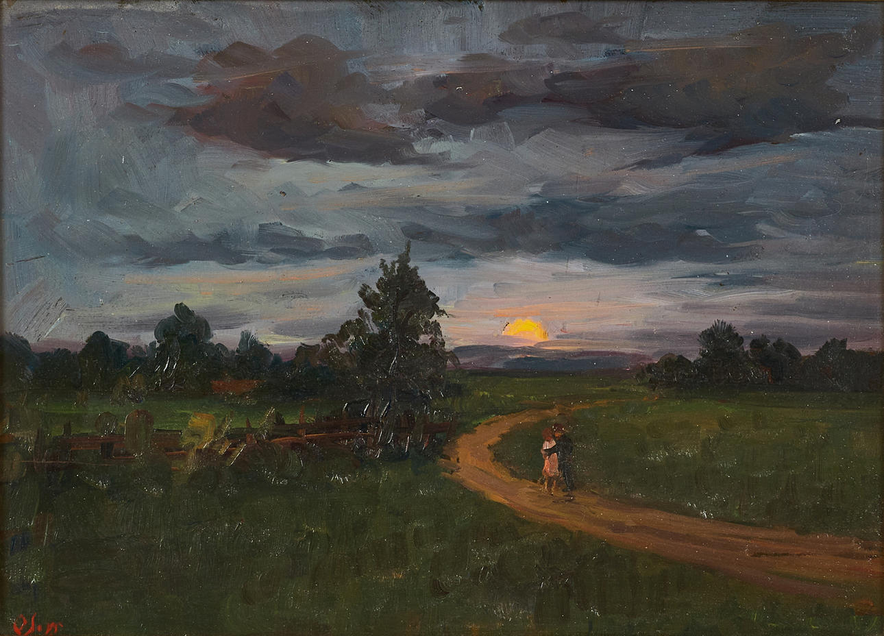 OIDENTIFIERAD KONSTNÄR, (1900-tal), Kurtiserande par vid solnedgång, monogramsignerad V S eller J-n, olja på pannå