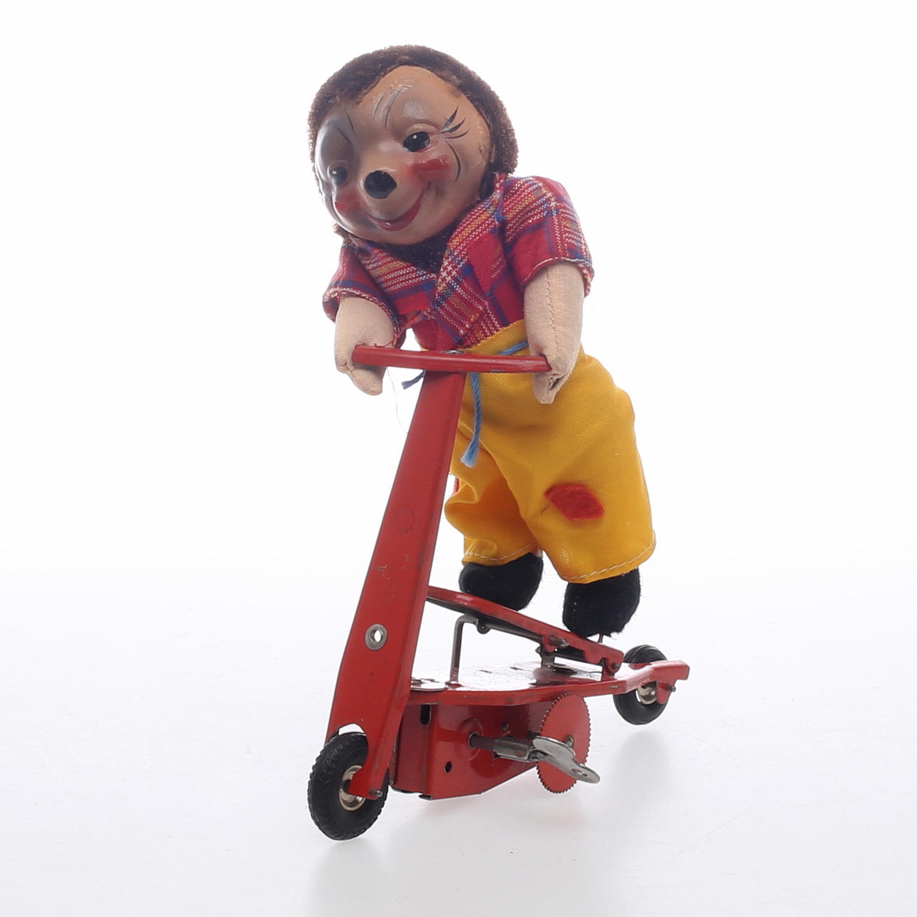 FEWO igelkott på sparkstötting, tyg/plåt, urverk, nyckel, M.Wolf & Co, U.S.-Zone Germany.