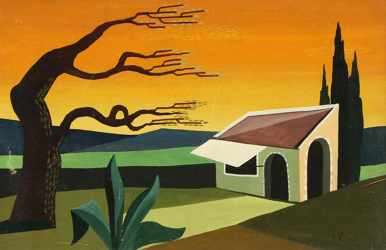 ERIC CEDERBERG. Tempera. House in landscape. Signed.
