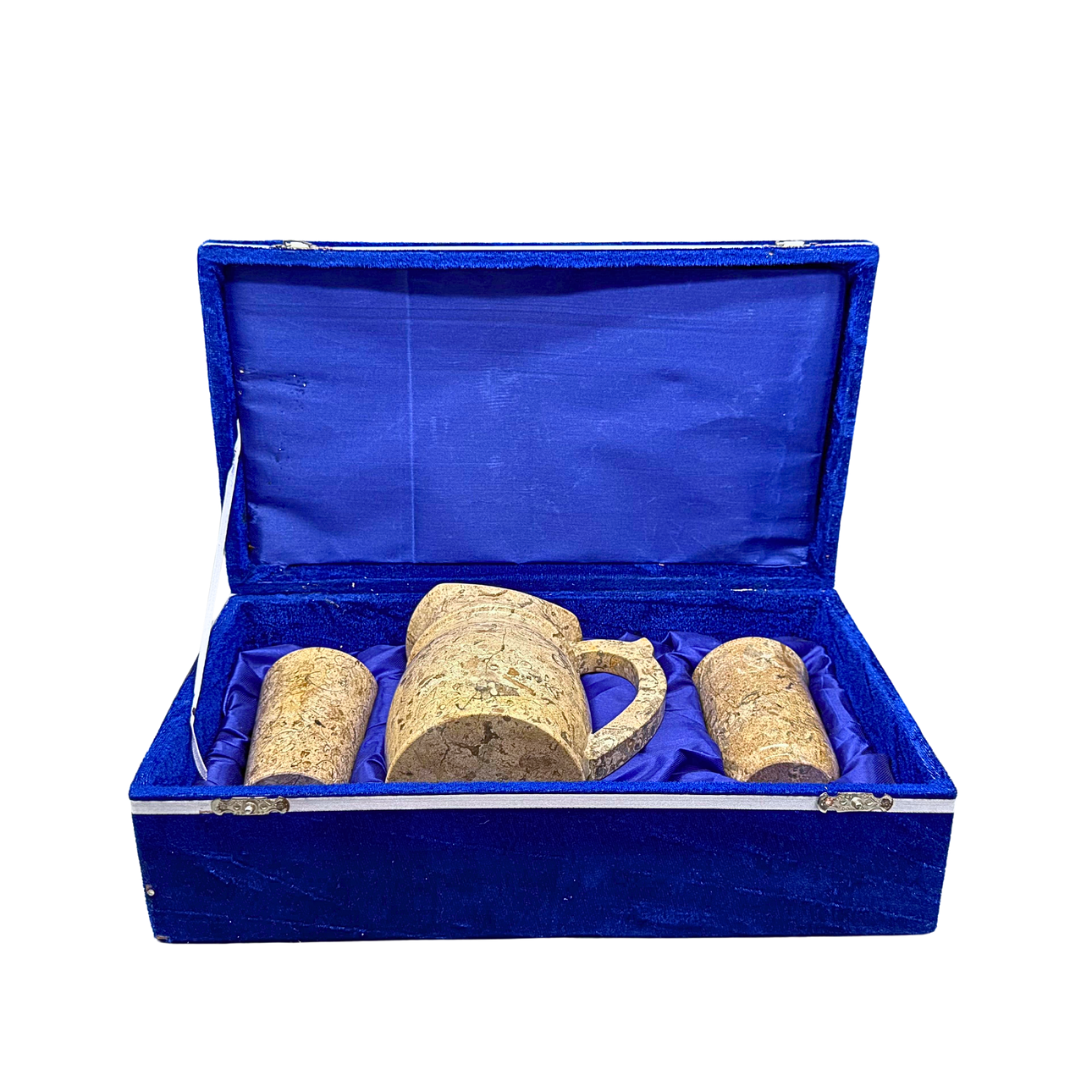 STONEWARE JUG SET, 3 PIECES WITH STORAGE BOX.